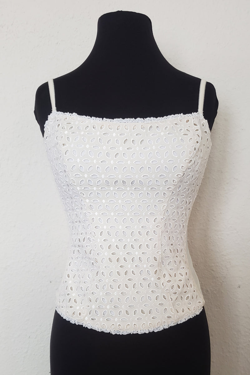 2000s NWOT Vintage Gossame by Leslie and Eyelet On Bustier White Courreges Corset – Cream