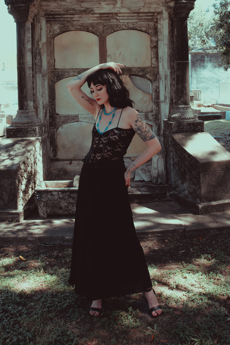1990s Vintage Black Beaded Lace Back Maxi Dress by Laundry, Shelli Seg Leslie Courreges 1990s Vintage Black Beaded Lace Back Maxi Dress by Laundry, Shelli Seg Leslie Courreges