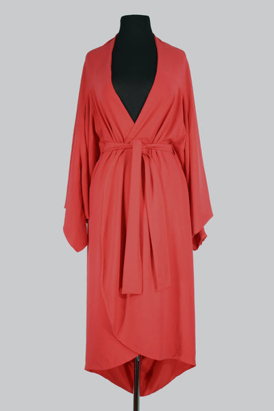 The Leslie Courreges Isadora Robe features a dramatic cocoon shape with a billowing, rounded back and dolman style sleeves.