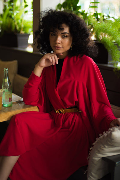 The Leslie Courreges Isadora Robe features a dramatic cocoon shape with a billowing, rounded back and dolman style sleeves.