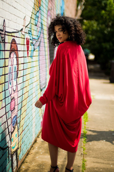 The Leslie Courreges Isadora Robe features a dramatic cocoon shape with a billowing, rounded back and dolman style sleeves.