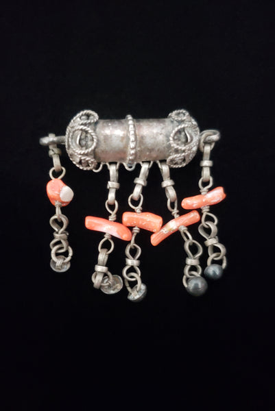 1950s Vintage Nepali or Bedouin Silver and Coral Barrel Shaped Brooch