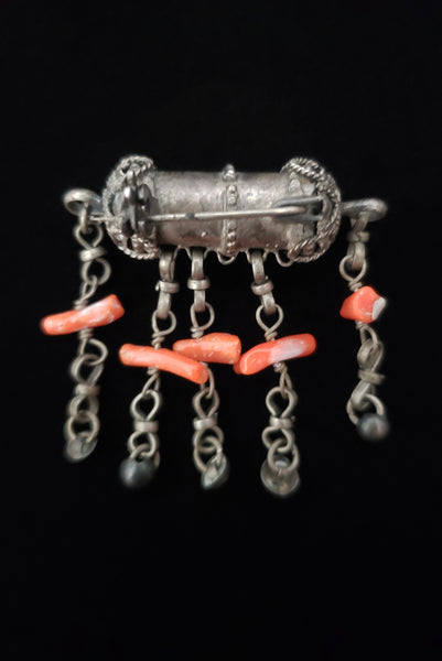 1950s Vintage Nepali or Bedouin Silver and Coral Barrel Shaped Brooch