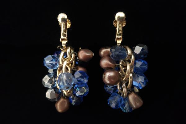 1950s Vintage Blue and Gray Cluster Beaded Dangle Clip Earrings by Vendome