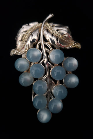 1930s Vintage Silver Tone, Rhinestone, and Pale Blue Moonglow Bunch of Grapes Fur Clip