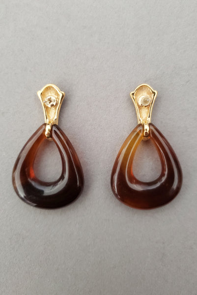1980s Vintage Gold Tone and Translucent Brown Lucite Drop Hoop Pierced Earrings