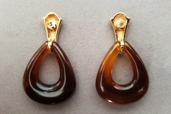 1980s Vintage Gold Tone and Translucent Brown Lucite Drop Hoop Pierced Earrings