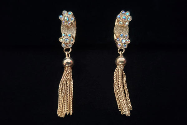 1970s Vintage Iridescent Rhinestone Floral Gold Tone Tassel Drop Spring Screw Back Earrings