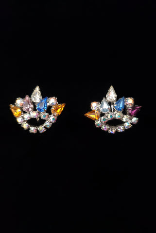 1950s Vintage Silver Tone Multi Color Iridescent Rhinestone Crown Screw Back Earrings