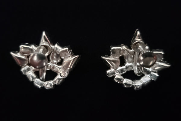 1950s Vintage Silver Tone Multi Color Iridescent Rhinestone Crown Screw Back Earrings