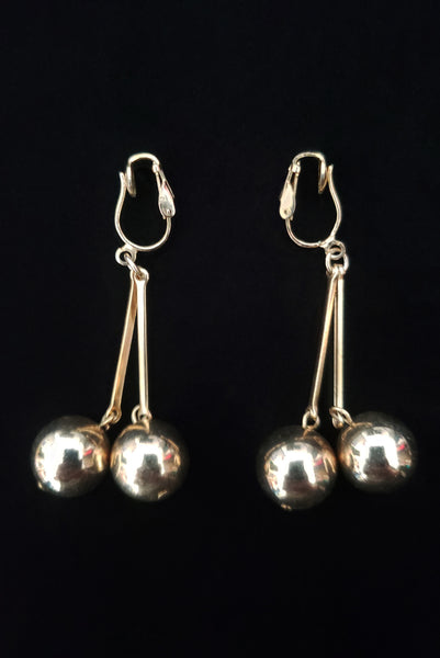 1960s Vintage Mod Gold Tone Double Drop Faux Pierced Clip-On Earrings