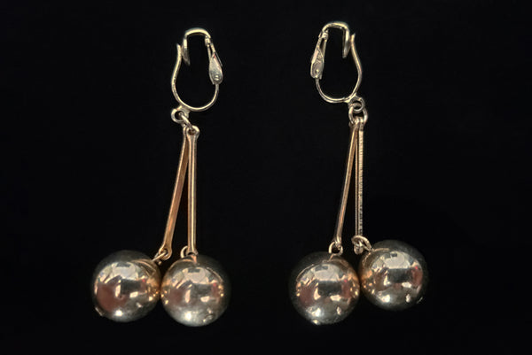 1960s Vintage Mod Gold Tone Double Drop Faux Pierced Clip-On Earrings