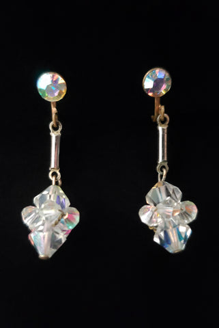 1960s Vintage Iridescent Rhinestone and Crystal Screw Back Drop Earrings