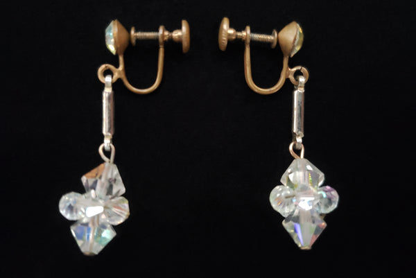 1960s Vintage Iridescent Rhinestone and Crystal Screw Back Drop Earrings