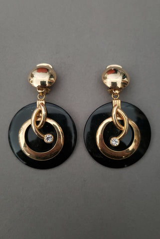 1980s Vintage Extra Large Black and Gold Plastic Clip-On Earrings