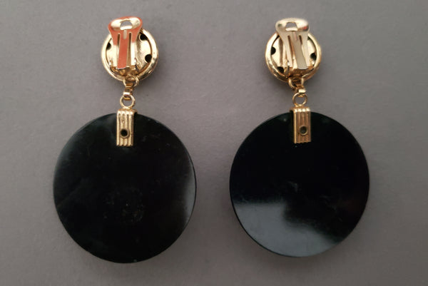 1980s Vintage Extra Large Black and Gold Plastic Clip-On Earrings