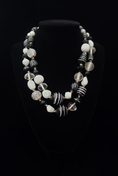 1980s Vintage Double Strand Black & White Lampwork Bead Necklace