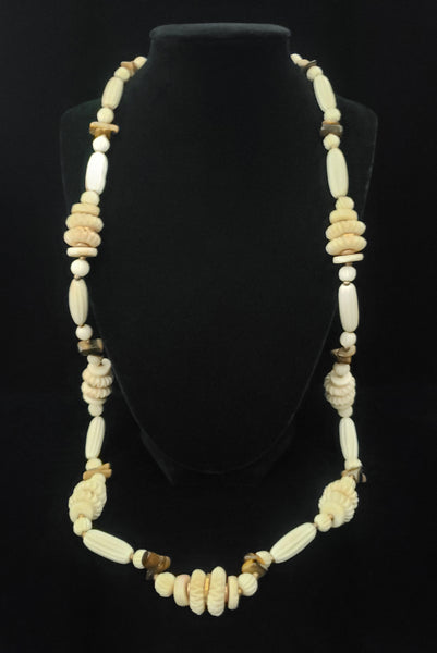 1970s Vintage Cream Carved Bone and Brown Tiger's Eye Long Statement Necklace