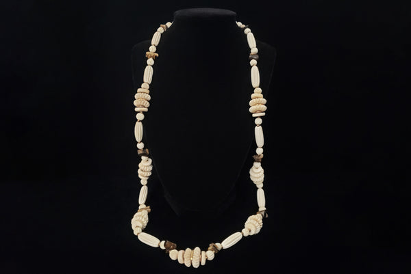 1970s Vintage Cream Carved Bone and Brown Tiger's Eye Long Statement Necklace