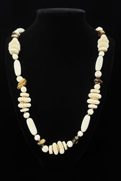 1970s Vintage Cream Carved Bone and Brown Tiger's Eye Long Statement Necklace