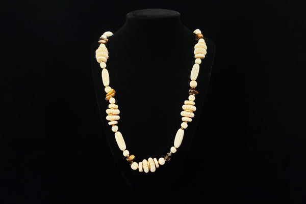 1970s Vintage Cream Carved Bone and Brown Tiger's Eye Long Statement Necklace