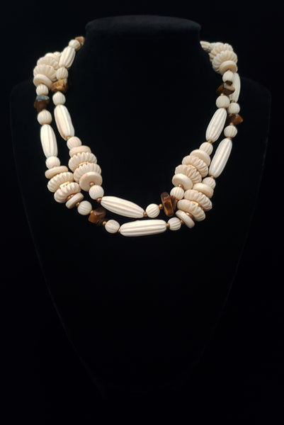 1970s Vintage Cream Carved Bone and Brown Tiger's Eye Long Statement Necklace