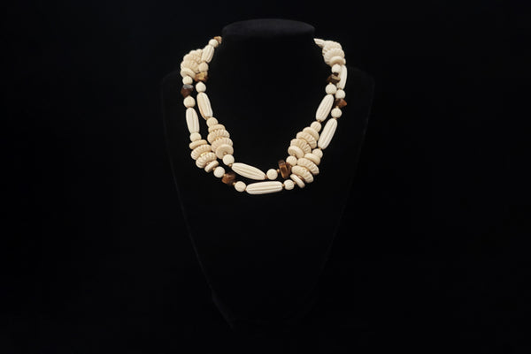1970s Vintage Cream Carved Bone and Brown Tiger's Eye Long Statement Necklace