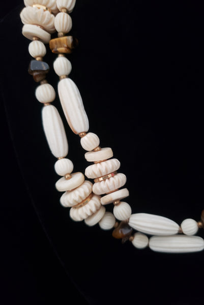 1970s Vintage Cream Carved Bone and Brown Tiger's Eye Long Statement Necklace