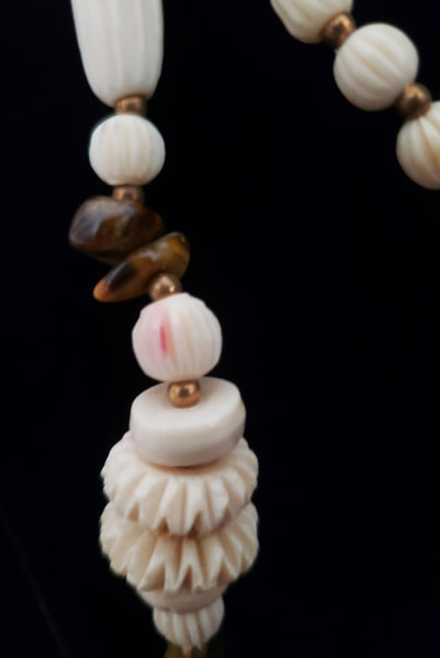 1970s Vintage Cream Carved Bone and Brown Tiger's Eye Long Statement Necklace