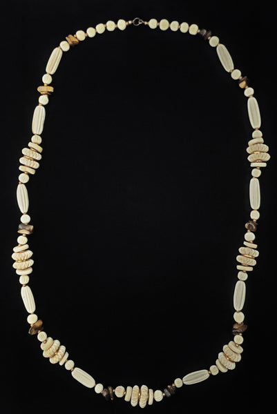 1970s Vintage Cream Carved Bone and Brown Tiger's Eye Long Statement Necklace