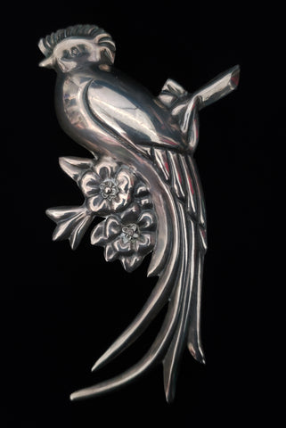 1930s Vintage Mexican Sterling 925 Silver Hollowcast Bird Statement Brooch