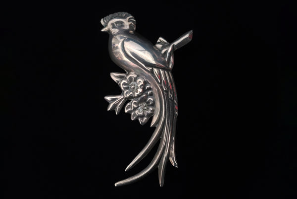 1930s Vintage Mexican Sterling 925 Silver Hollowcast Bird Statement Brooch