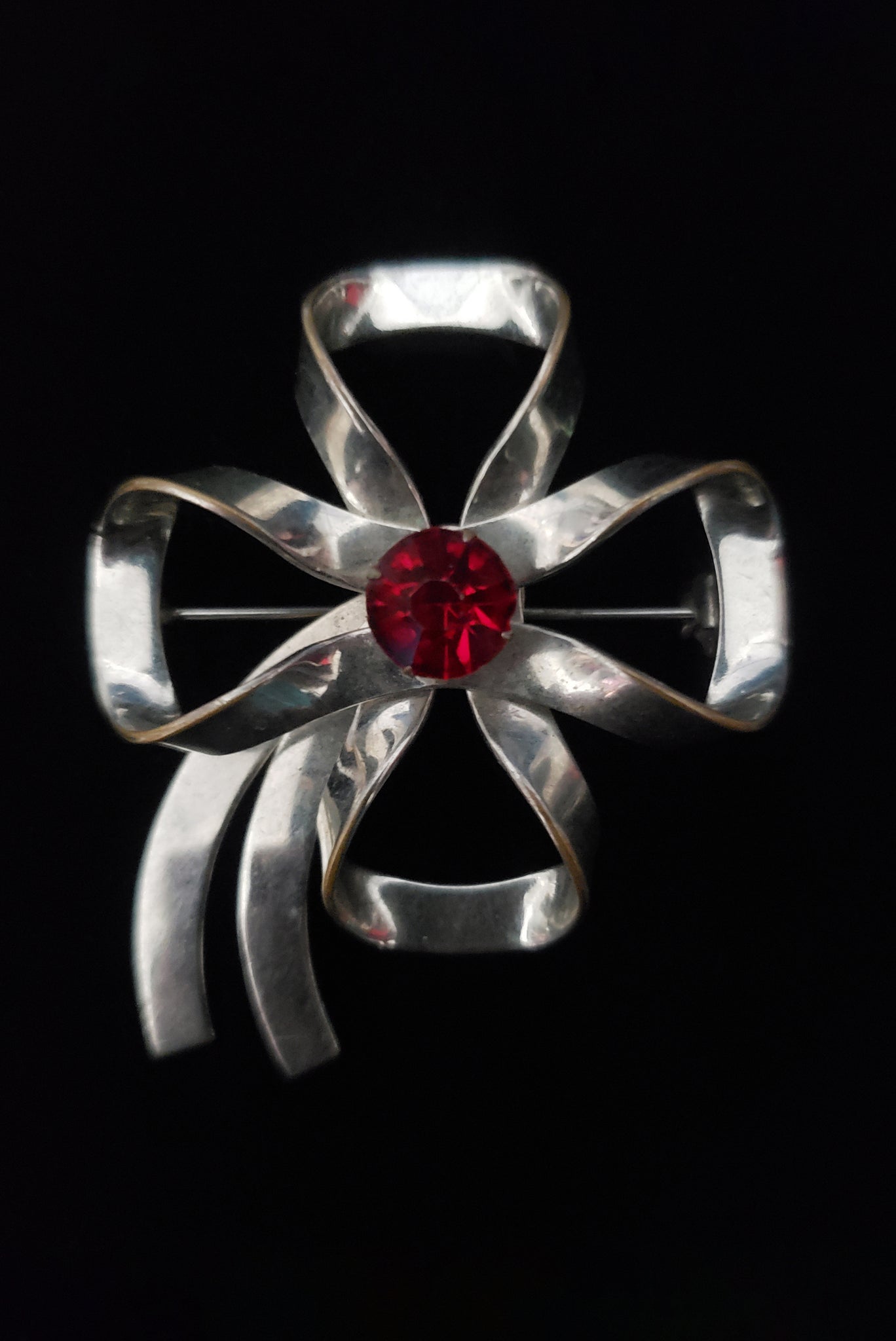 1950s Vintage Silver Tone and Red Rhinestone Bow Brooch