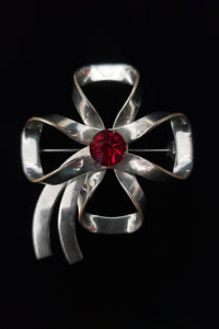 1950s Vintage Silver Tone and Red Rhinestone Bow Brooch