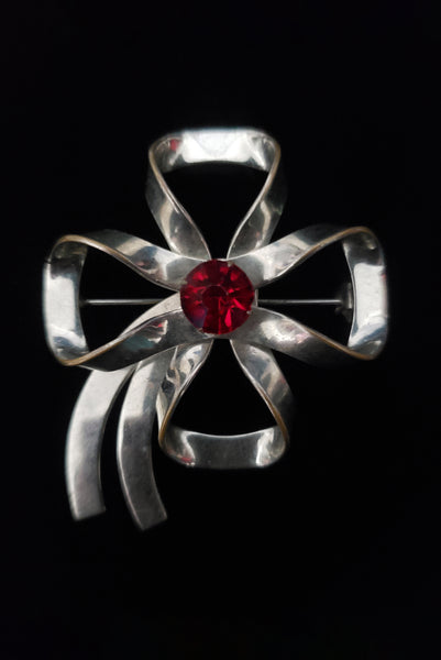 1950s Vintage Silver Tone and Red Rhinestone Bow Brooch