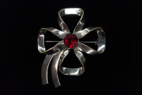1950s Vintage Silver Tone and Red Rhinestone Bow Brooch