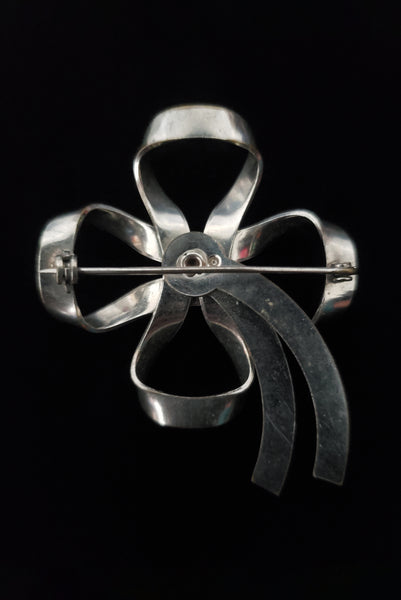 1950s Vintage Silver Tone and Red Rhinestone Bow Brooch