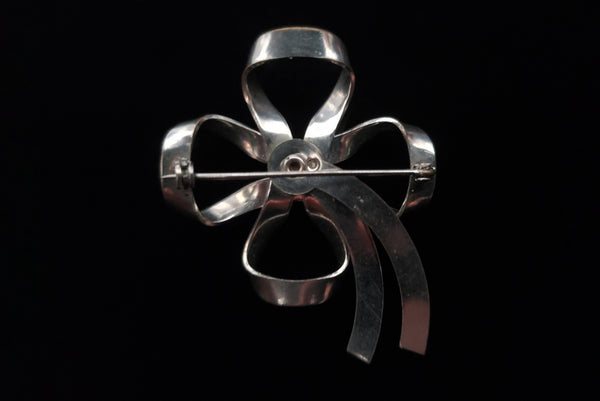 1950s Vintage Silver Tone and Red Rhinestone Bow Brooch