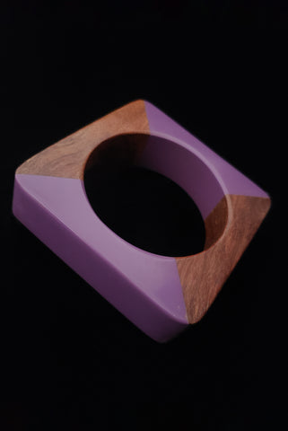 1960s Vintage Purple Lucite and Wood Square Bangle Bracelet