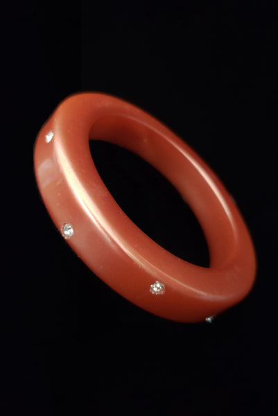 1950s Vintage Copper Pearlized Lucite Bangle Bracelet with Rhinestones