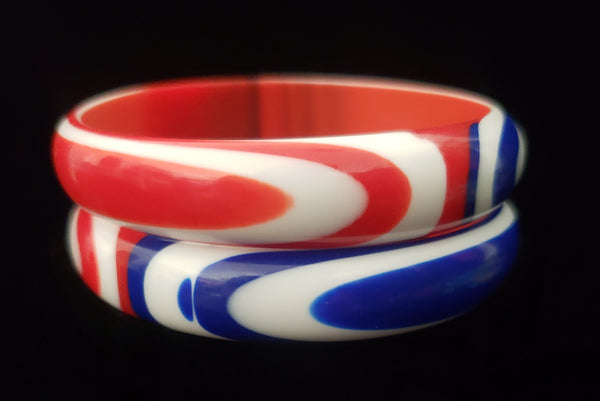 1960s Vintage Red, White, and Blue Marbled Plastic Two (2) Bangle Set