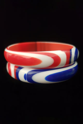 1960s Vintage Red, White, and Blue Marbled Plastic Two (2) Bangle Set