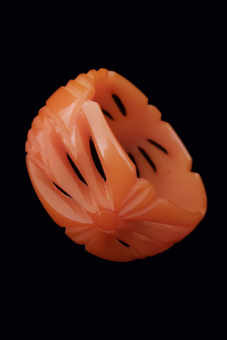 1990s Vintage Wide Carved and Pierced Orange Plastic Fakelite Bangle