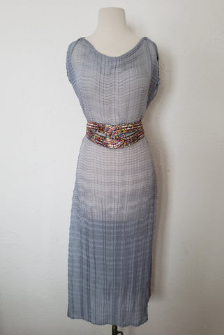 1990s Vintage Gray Chiffon Pleated Textured Sheer Dress by Alquema, One Size