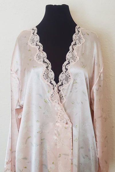1980s Pink Floral Satin Robe by Valentino Intimo, Small Medium Large