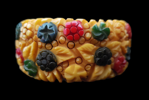 1990s Vintage Yellow Wide Floral Carved Plastic Fakelite Bangle