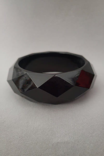 1980s Vintage Wide Chunky Black Faceted Lucite Statement Bangle