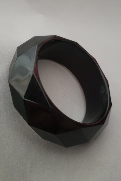1980s Vintage Wide Chunky Black Faceted Lucite Statement Bangle
