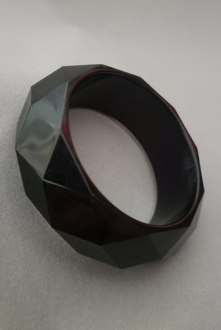 1980s Vintage Wide Chunky Black Faceted Lucite Statement Bangle