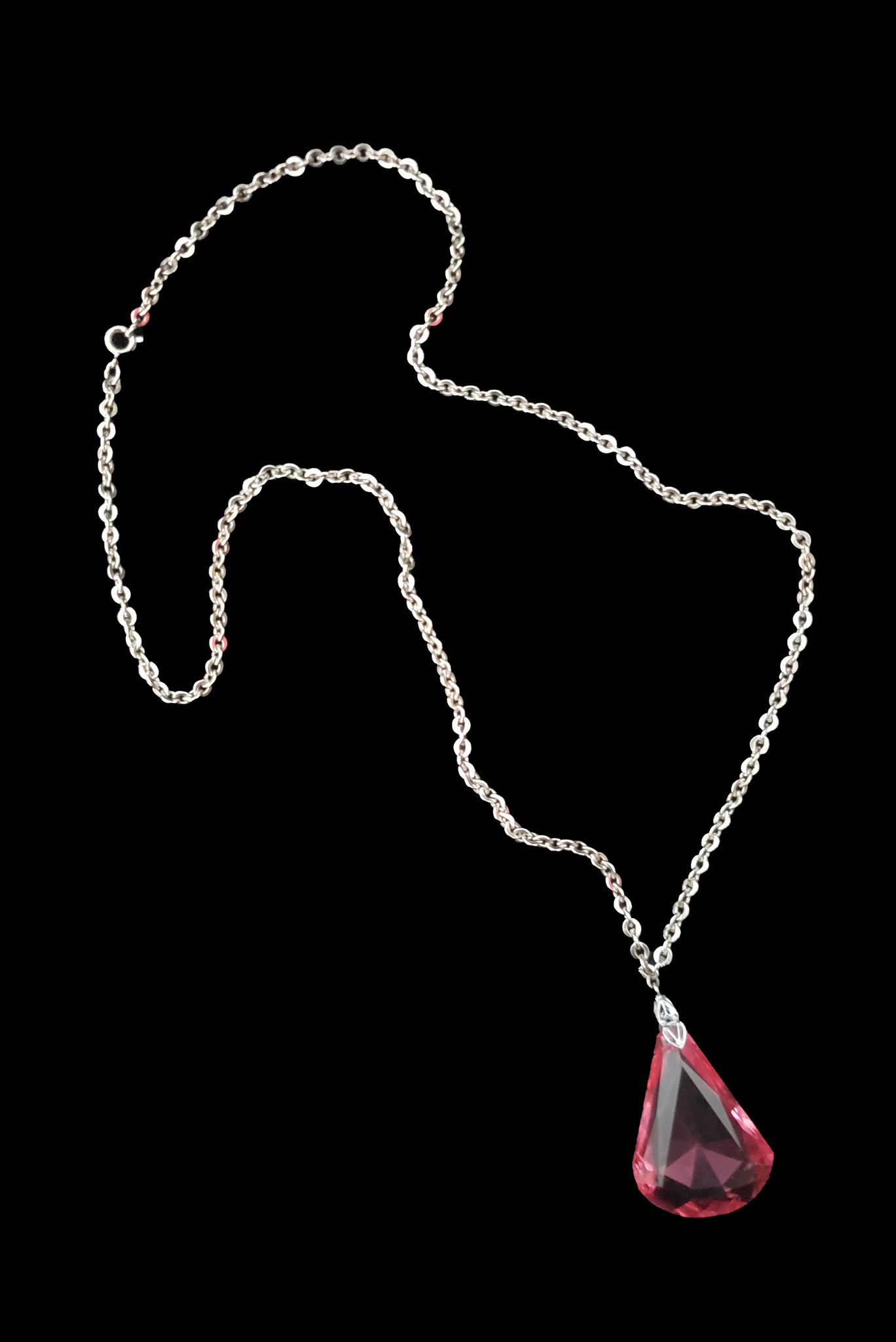 1920s Vintage Pink Crystal Pendant and Chrome Necklace